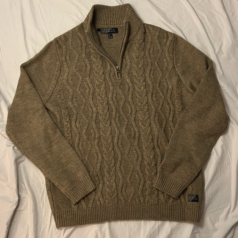 Brown Cable-Knit Quarter Zip Sweater